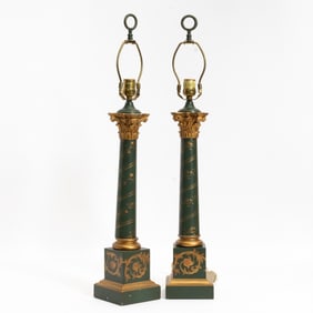 Pair of Painted Tole Colum Form Lamps