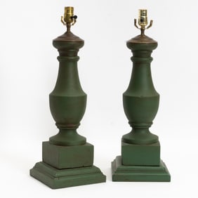 Pair of Green Painted Metal Lamps