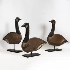Group of Four Painted Wood Geese on Stands
