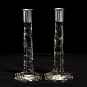 Pair of Etched Glass Candlesticks