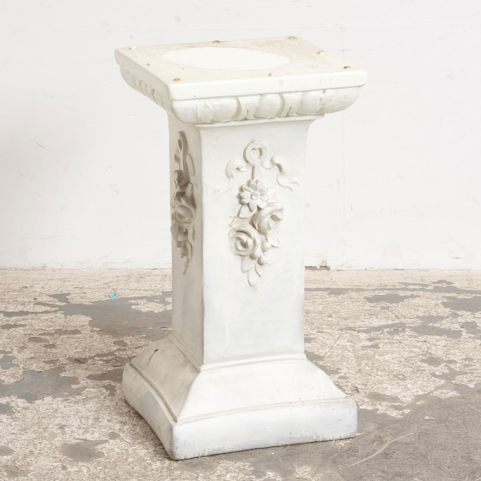 White Painted Plaster Pedestal: . (29 1/2" h x 15 3/4" square) Chips, scratches, overall wear