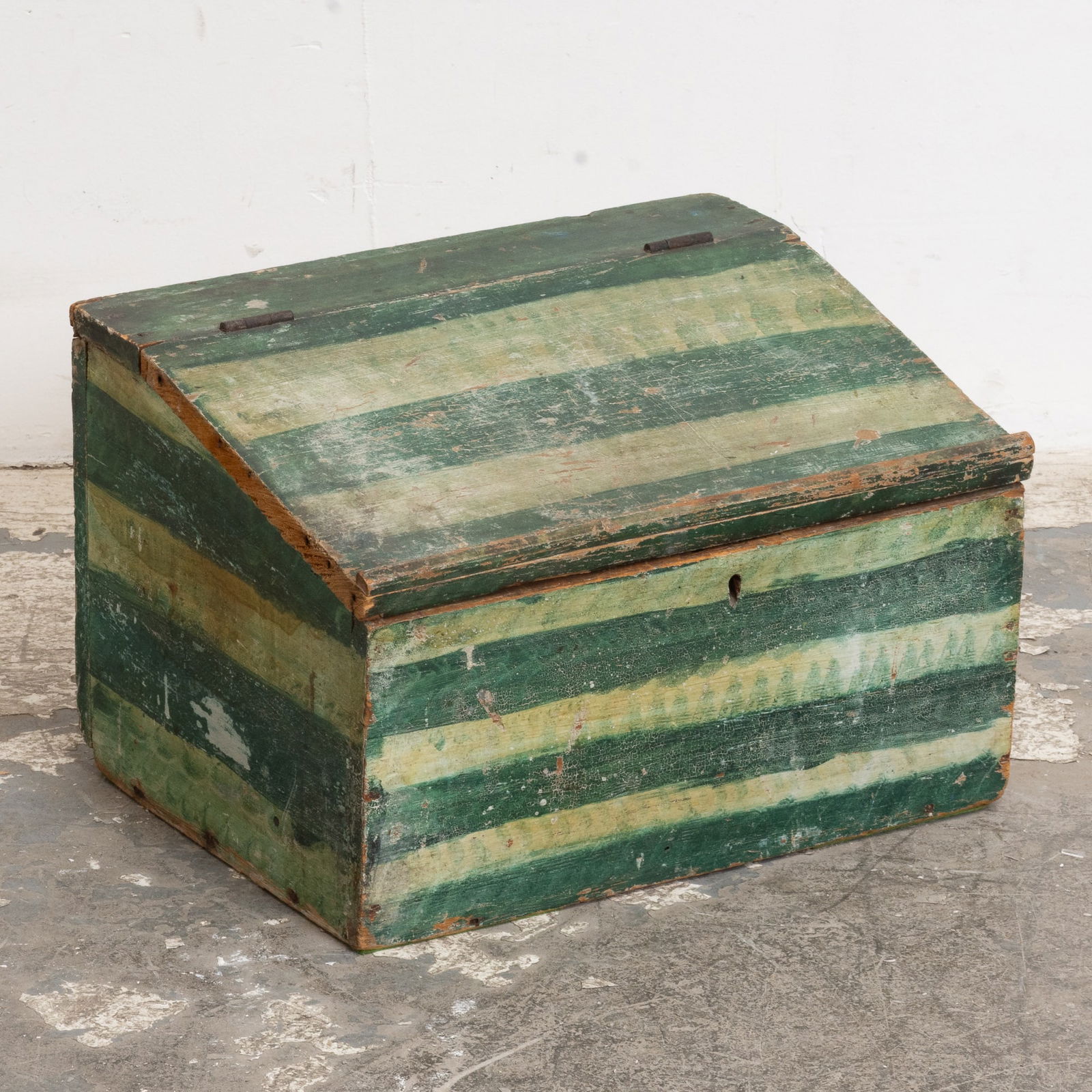 Green Stripe Painted Wood Coal Box: . (13" h x 20" wx 15 5/8" d) Chips, cracks, scratches