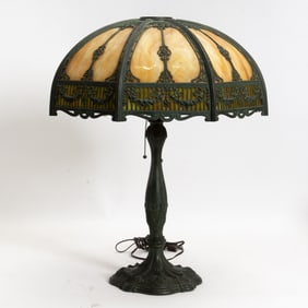 American Patinated Metal and Slag Glass Table Lamp