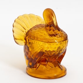 Amber Glass Turkey Form Lidded Bowl