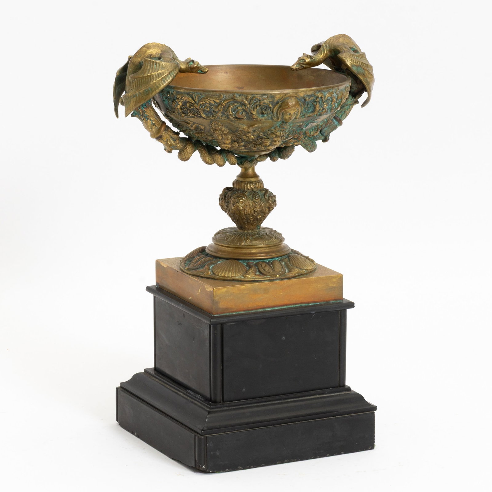 Bronze Dragon Handled Footed Bowl on Stand: . (13" h x 8" dia) Good