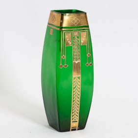 Art Deco Green Glass Vase with Partial Gilt and Hand-Painted Decoration