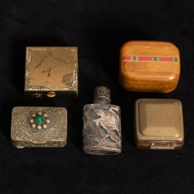 Group of Metal and Wood Boxes and Perfume Bottle