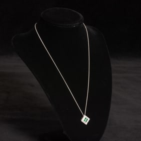 White Gold, Emerald and Diamond Pendant Chain Necklace