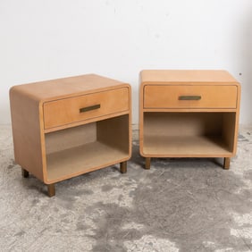 Pair of Leather Upholstered Rounded Cube-Form Bedside Tables