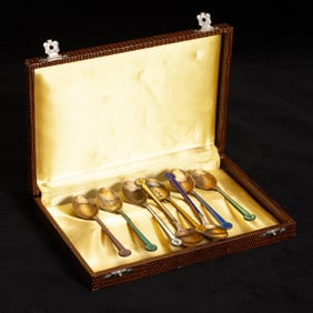 Set of Eight Sterling and Enamel Tea Spoons