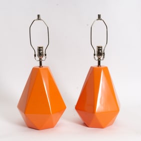 Pair of Orange Glazed Ceramic Lamps