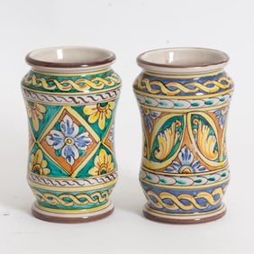 Pair of Italian Glazed Ceramic Albarello Vases