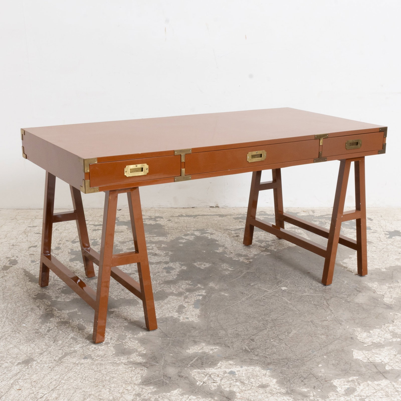 Brown Lacquer Campaign Desk: . (30 1/2" h x 62" w x 30" d) Scratches