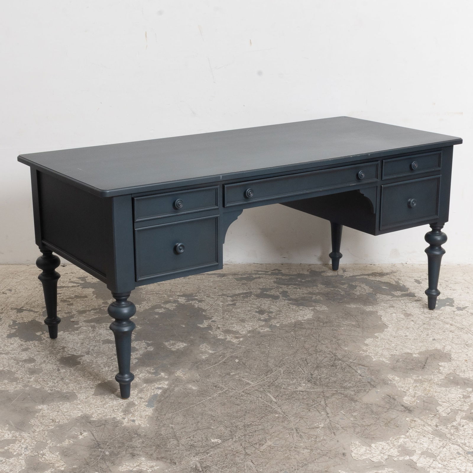 Ethan Allen Blue Painted Desk: . (30 1/2" h x 65" w x 30" d) Scratches, some loss to paint