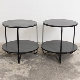 Pair of Marble and Metal Two-Tiered Circular Side Tables