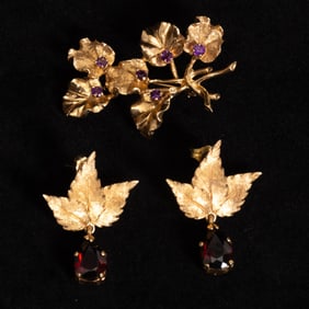 Gold and Amethyst Leaf Brooch and Pair of Garnet Earrings