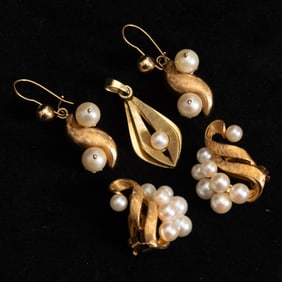 Two Pairs of Gold, Cultured Pearls Earrings;