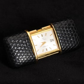 Movado Gilt-Metal and Leather 'Ermeto' Travel Clock, Retailed by Tiffany & Co.