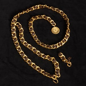 Chanel Brown Leather and Gilt Metal Chain Belt