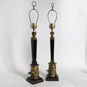 Pair Neoclassical Brass and Metal Column Lamps