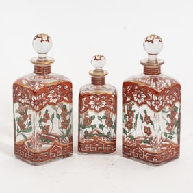 Set of Three Hand Painted Glass Decanters