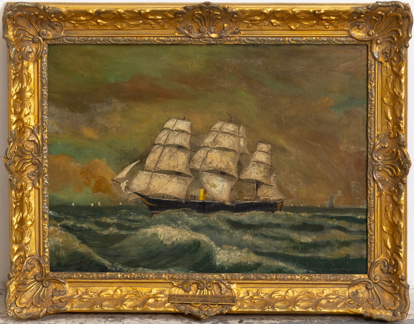 English School: 19th Century HMS Corvette Volage Oil on canvas Signed E. Hompton on plaque (Sight 15 1/2" h x 21 1/2" w Overall 21" x 27") chips, cracking