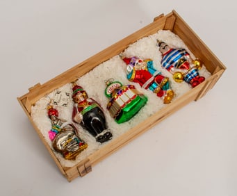 Group of Five Polonaise Circus Theme Glass Ornaments