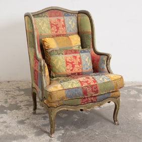 Gilt Painted Upholstered Wing Back Chair
