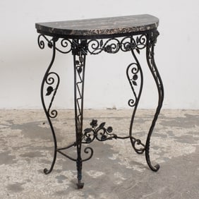 Black-Painted Metal Marble Top Demilune Table