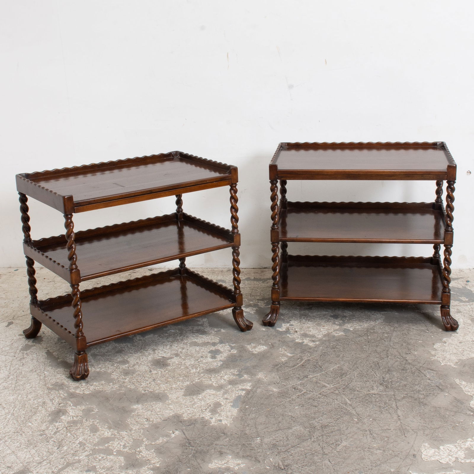 Pair of Jacobean Style Mahogany Etergeres: . (30" h x 34 1/2" w x 24" d) Scratches