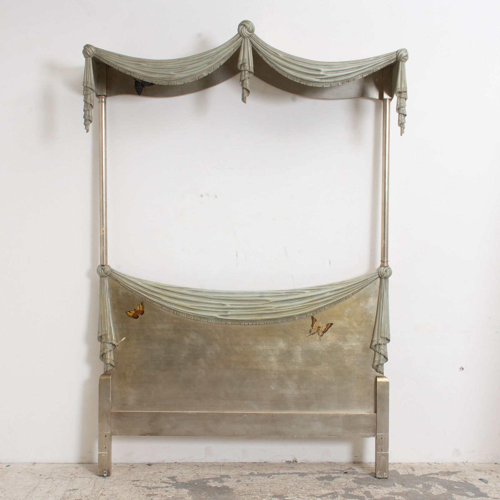 Louis XVI Style Carved Canopy Headboard: Paint decorated (92" h x 62" w x 13 1/2" d) Scratches, loss to paint