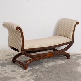French Empire Style Carved Mahogany Upholstered Bench