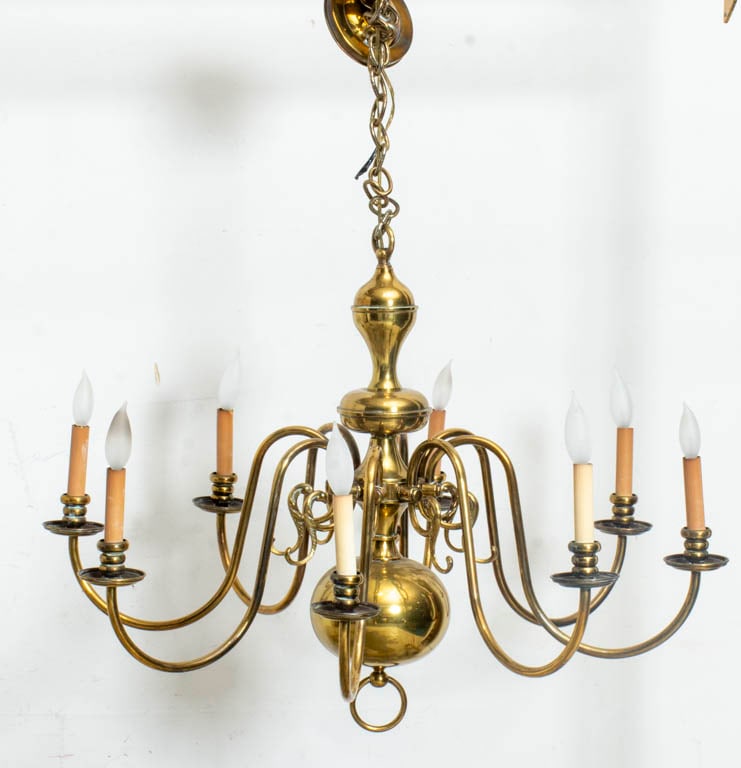 Brass Eight-Light Chandelier: . (26" h x 36" dia) scratches, untested