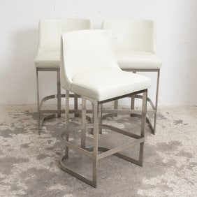 Set of Three Cream Leather Upholstered Bar Stools