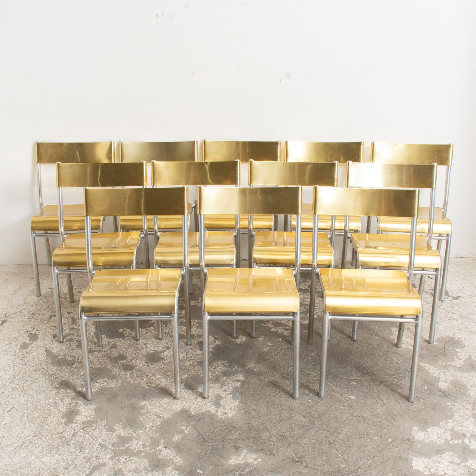 Set of Twelve Brass and Chromed Metal Side Chairs: . (31" h x 18" w x 16" d Seat to floor 17" h) Dings