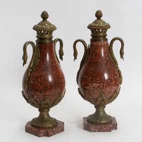 Pair of Marble and Brass Swan Handled Urns