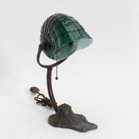 Art Nouveau Style Green Molded Glass and Patinated Metal Shell-Form Desk Lamp