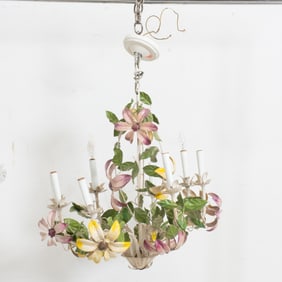Painted Tole Floral Decorated Eight-Light Chandelier