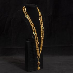 Chanel Gilt Metal and Glass Stone Double Chain Necklace