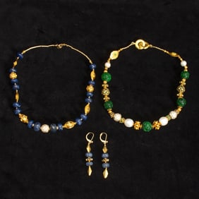 Two Indian Gold, Gilt-Metal, Colored Stone Bead, Diamond and Simulated Diamond Necklaces