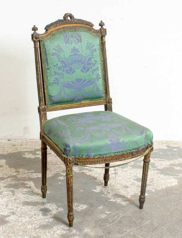 Continental Carved and Gilded Side Chair: . (38" h x 19" w x 18" d Seat to floor 17" h) Tears, loss to paint, scratches, overall wear