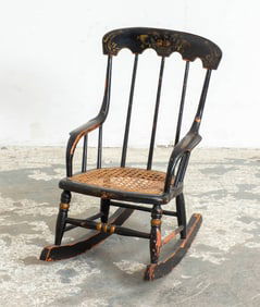 American Black Painted, Gilt-Stenciled and Caned Child's “Boston” Rocking Chair