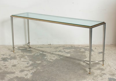 Modern Chrome and Gilt Metal Glass Top Console