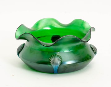 Bohemian Green Glass Low Bowl