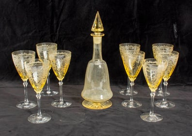 Set of Nine Etched Yellow Glass Wine Glasses;