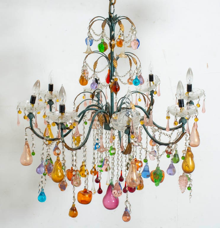 Eight-Light Painted Metal and Glass Chandelier: With fruit form colored glass hangings (34" h x 30" dia) Missing hangings, chips untested