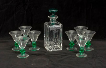 Set of Seven Glass Green Stem Cocktail Glasses;
