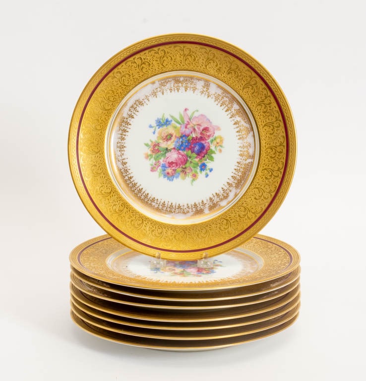 Set of Eight Gilt Decorated Hand Painted Bavarian Plates: - (11" dia) Losses to finish