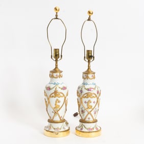 Pair of Glazed Painted Porcelain Gilt Metal Mounted Lamps