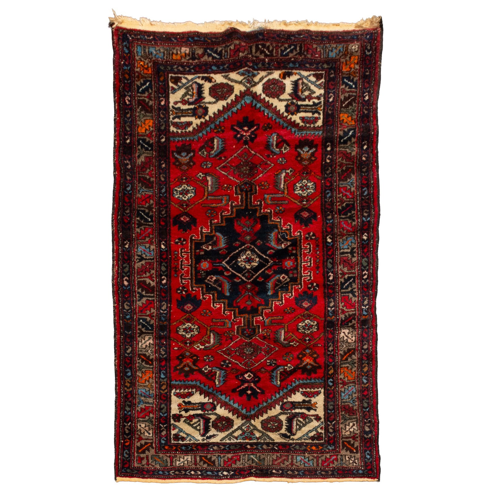 Hamadan Rug: Northwest Iran, 2nd 1/2 20th Century The central stepped medallion on the scarlet field is within a slate grey serrated leaf border. (81" x 50") needs cleaning, wear to edge